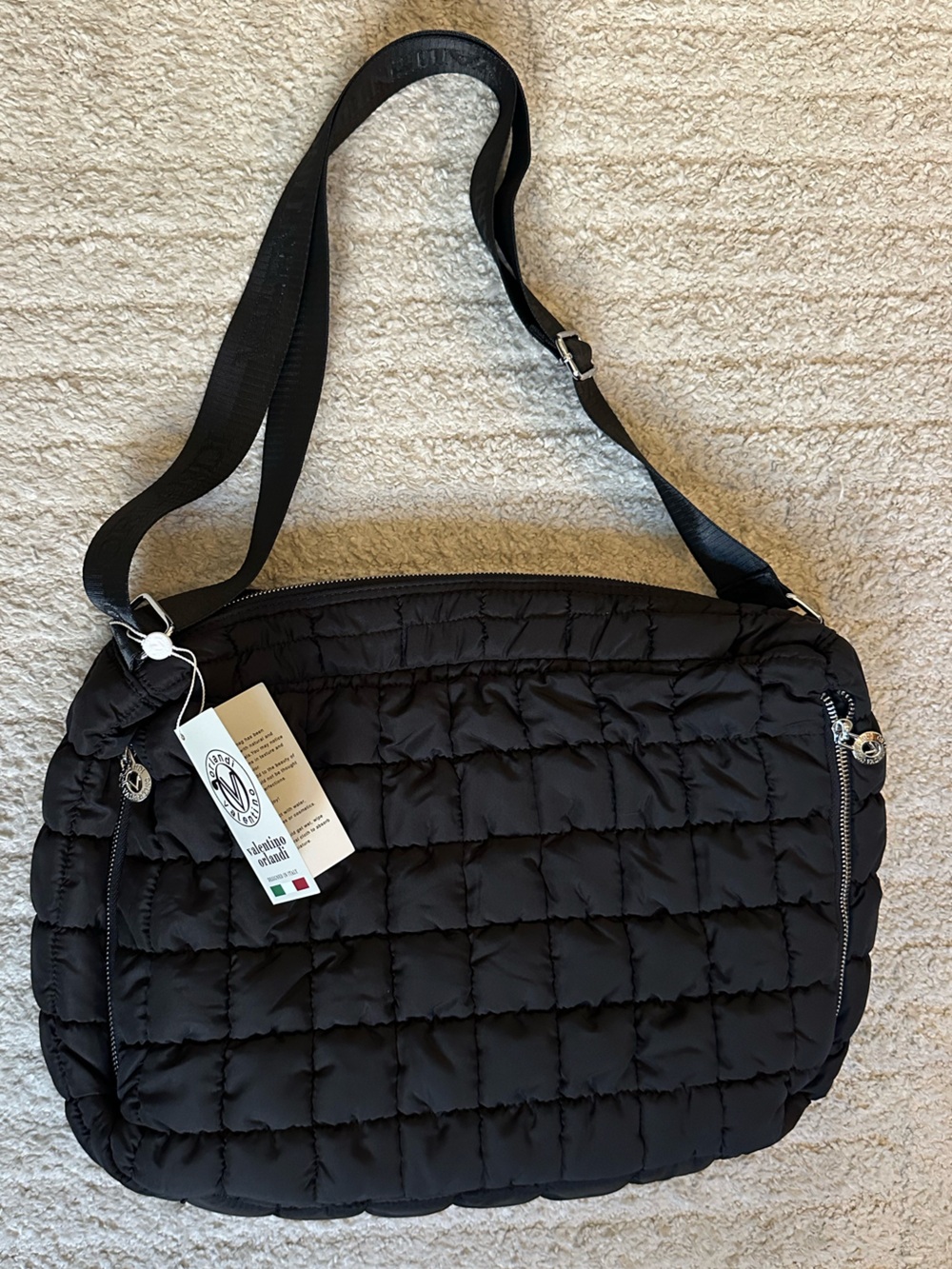 Valentino Orlandi Quilted Black Messenger Bag with Adjustable Strap